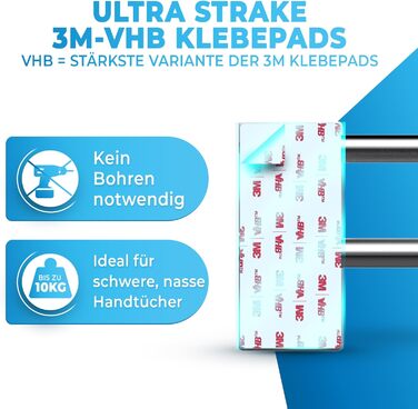 Тримач для рушників без свердління 60 см, нержавіюча сталь, для ванної кімнати, душової кабіни, кухні. В комплекті 2 гачки. Срібний колір