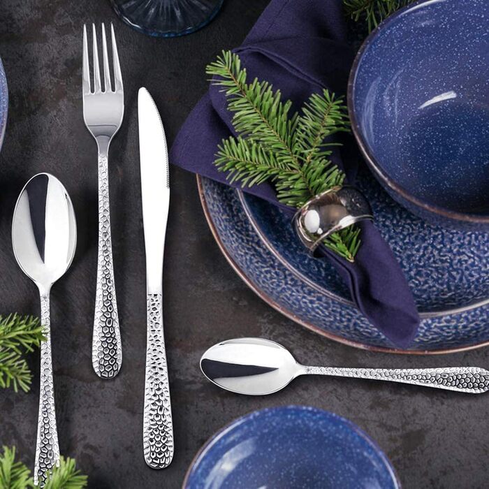 HaWare Набір столових приборів, 60 предметів: нержавіюча сталь, для 12 осіб (ніж, виделка, ложка), сучасний дизайн з молотковою ручкою, для дому, вечірки, готелю, ресторану, високоглянцеве покриття, придатний для миття в посудомийній машині