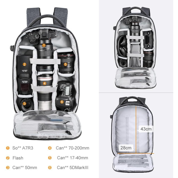 Рюкзак для камери K&F Concept 18L сірий/чорний з відділенням для ноутбука 15.6 дюймів, водонепроникний, для DSLR/штатива/аксесуарів