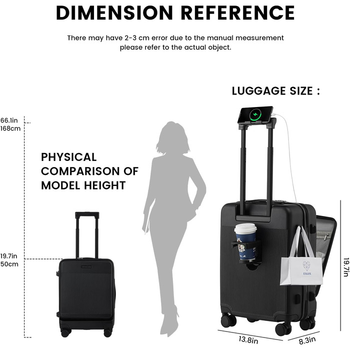 Чемодан ручної об'єм 20 дюймів з відділенням для ноутбука, легкий валіз з жорсткою оболонкою та TSA-замком, ручна поклажа на спінінгових колесах, USB-зарядний пристрій та тримач для напоїв, чорний