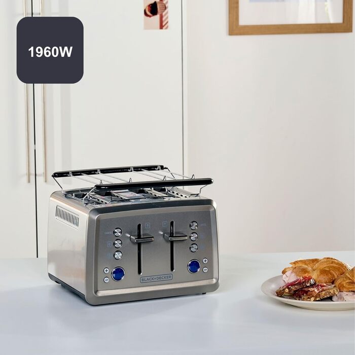 Тостер BLACK+DECKER BXTO1960E з цифровим керуванням, 1960 Вт, 4 слоти, 6 рівнів підсмажування, функції: стоп, підігрів, розморожування, автоматичне центрування, підігрівач для бутербродів