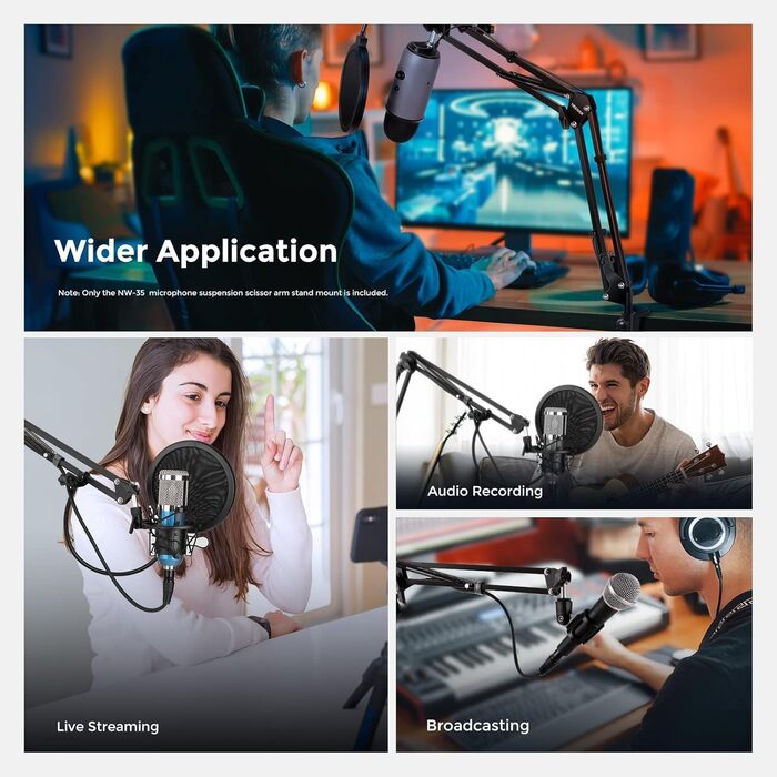Тримач для мікрофона Neewer NW-35B: підвіс-кріплення, шарнірний мікрофонний стійка з 3/8' - 5/8' гвинтом та кабелетримачем, сумісний з Blue Yeti, Snowball, Yeti X, Quadcast та іншими мікрофонами, максимальне навантаження 1.5 кг