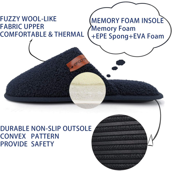 Жіночі теплі пухнасті домашні тапочки Ofoot з піною з пам'яті, антиковзка підошва, 41/42 EU, Navy Blue