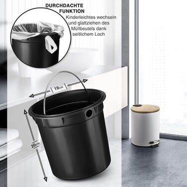 Смітник для косметики VMbathrooms з педаллю та бамбуковою кришкою, Soft-Close, 5 л, білий — для ванної кімнати та туалету