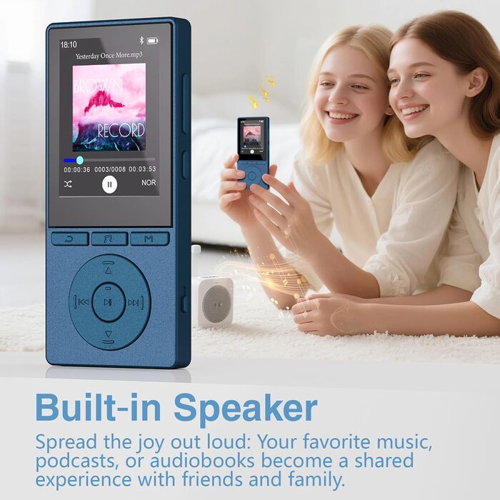 MP3 плеєр 64GB Bluetooth 5.3 з динаміком, HiFi звук, запис голосу, E-book, підтримка TF карти 128GB (Синій)