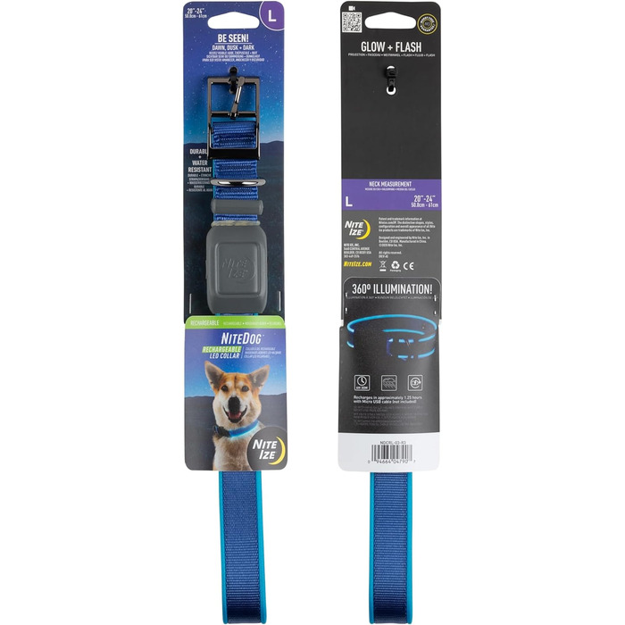 LED-ошийник для собак Nite Ize NiteDog – світлодіодна ошийник з металевою застібкою, водонепроникна, для нічних прогулянок, розмір L (блакитний)