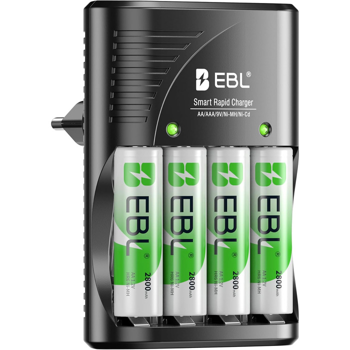 Зарядний пристрій для акумуляторів EBL AA AAA 9V NIMH з 4-ма відсіками, смарт-зарядка, LED-дисплей, швидка зарядка (з набором акумуляторів)