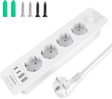 Мережевий фільтр з USB та 2 Type-C, 4 розетки, кутовий, з LED-підсвічуванням, захист від перенапруги 3680W 16A, 90°, з вимикачем, кабель 1,5 мм², білий