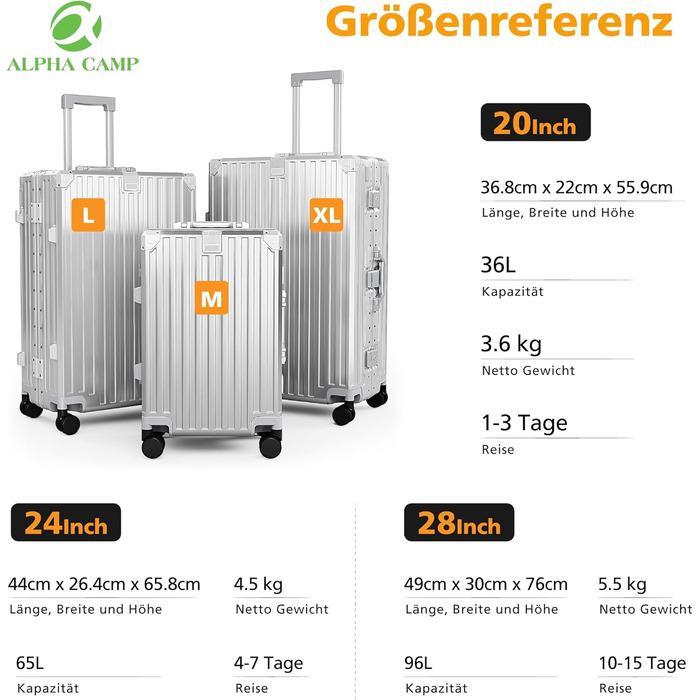 Чемодан ALPHA CAMP XL з алюмінієвим каркасом та полікарбонатною жорсткою оболонкою, TSA-замок, 40x36x77 см, 93 л, срібний