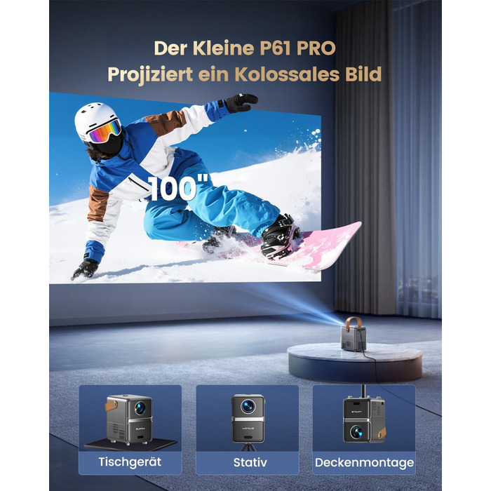 Mini проєктор Beamer 4K з WiFi 6, Dolby Audio та підтримкою Netflix | 1080P Full HD, інтегровані додатки, автоматичне фокусування, вертикальна корекція трапецеїдальних спотворень, короткофокусний, сріблясто-сірий