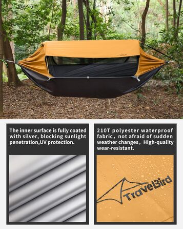 Гамак для кемпінгу 4-в-1 з москітною сіткою та знімним сонцезахистом, 290x140 см, для відпочинку на природі, пікніків, походов та подорожей. Армійний зелений та помаранчевий кольори.