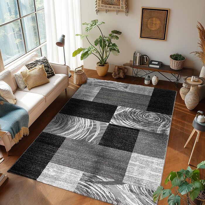 Килимок для вітальні, спальні, їдальні, коридору, кухні. Сучасний килим з геометричним візерунком, м'який, короткий ворс, легкий у догляді. Чорний, 140 x 200 см.