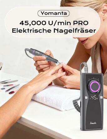 Професійний набір для фрезерування нігтів Nagelfräser: 45000 обертів, акумулятор 10H, LCD-дисплей, регулювання напрямку обертання, чорний