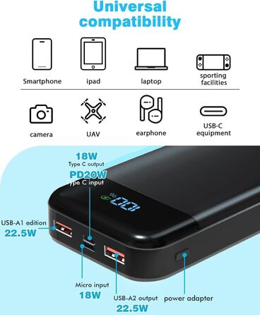 Power Bank PAIDASHU 27000mAh з LED дисплеєм та швидкою зарядкою 22.5W/PD20W, 3 виходи, 2 входи, USB-C, для смартфонів