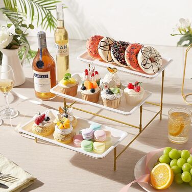 Lifewit 3-Tier Etagere with 30 x 17 cm Plastic Serving Plates, 3-Level Serving Tray/Serving Platter with Folding Gold Metal Shelf, Buffet Party Accessories for Vegetables/Fruit/Cookies/Cake