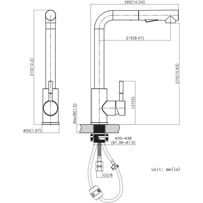 Кран кухонний CECIPA X203B чорний матовий, висувний, з донцем, 360° поворот, нержавіюча сталь