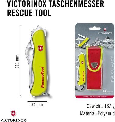 Мультитул Victorinox Rescue Tool MW - рятувальний ніж для пожежників, 13 функцій, лезо з хвилястим лезом, фіксація однією рукою (жовтий)
