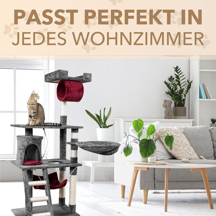 Кігтеточка для котів Foxdevil від xonic® - стабільна, багатофункціональна з платформою, гамаком, будиночком, іграшкою та сходами (141 см, сірий/червоний)