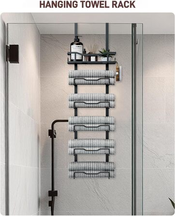 Настінний тримач для рушників у ванну кімнату, без свердління, 6-ступенева наддверна полиця для рушників, багаторівневий органайзер для рушників на двері, чорний, великий