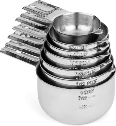 304 Stainless Steel Measuring Cup Set, 7-Piece, Stackable, with 1/8 Cup, 2 Tablespoons (Diverter Nozzle Model)