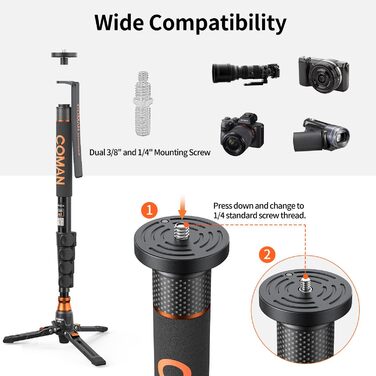 Штатив Coman Q6 для відеокамери та DSLR: міцна монопод з регулюванням 179.3 см, максимальне навантаження 10 кг, чорний