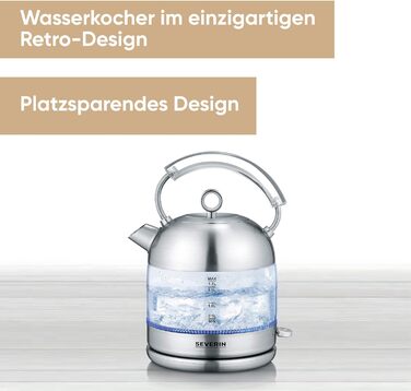 SEVERIN WK 3459: Ретро чайник зі скла та нержавіючої сталі, 1.7л, електричний