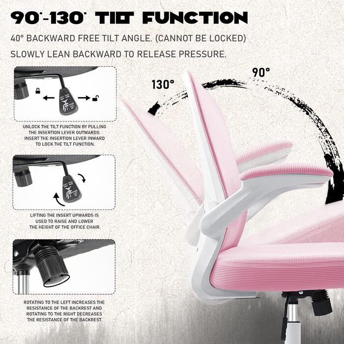 Ергономічне крісло для офісу та дому з регульованими підлокітниками, підтримкою попереку, регульованою висотою та спинкою, що нахиляється до 130°, рожеве