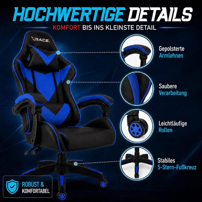 Ігрове крісло xRace Gaming: ергономічний офісний стілець з PU-шкіри та підтримкою попереку, синій (без підніжки)