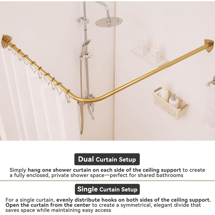 Штанга для душу L-подібної форми, регульована, з кріпленням для гардини та опорою для верхньої частини, для ванни/ванної кімнати, монтаж на свердління (Золото, 100-175см x 140-214см)