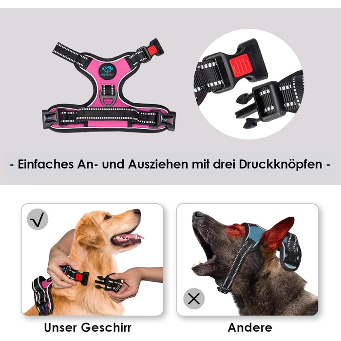 Шлейка для собак PHOEPET регульована, рожева, для прогулянок, з карабіном, світловідбиваючими смугами та контрольною ручкою (M)