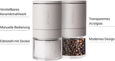 Набір з 2 мельниць для солі та перцю Vinsun - керамічний жорно, ручне регулювання, нержавіюча сталь, бежевий