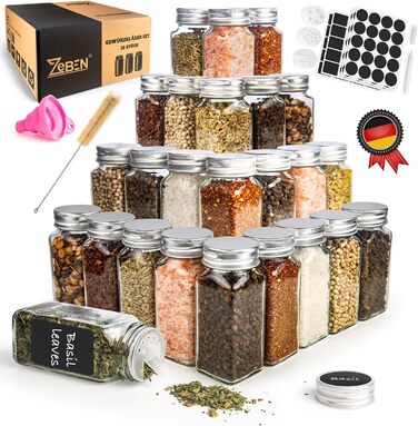 Набір банок для спецій ZEBEN® кутовий [25 шт 120мл] - 25 банок для спецій, мірний дозатор, етикетки, маркер, силіконовий воронка, щітка для чищення