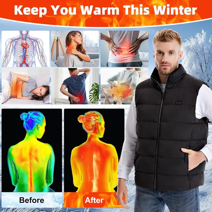 Гріюча жилетка для чоловіків та жінок, 21 зона нагріву, 3 регулятори температури, електрична жилетка USB для катання на лижах, риболовлі, мотоцикла, кемпінгу, активного відпочинку (без Powerbank), XXL