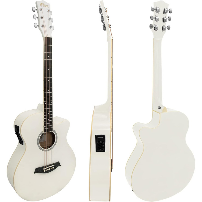 Електроакустична гітара TIGER ACG4-WH 4/4 для початківців з вбудованим 3-смуговим еквалайзером. Комплект: гіга-сумка, ремінь, запасні струни. Білий колір