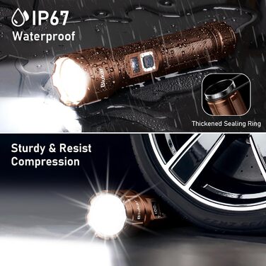 Ліхтар LED Blukar, перезарядна, надзвичайно яскравий, з функцією зуму, 5 режимів, водонепроникний IP67, для кемпінгу та активного відпочинку (колір: коричневий)