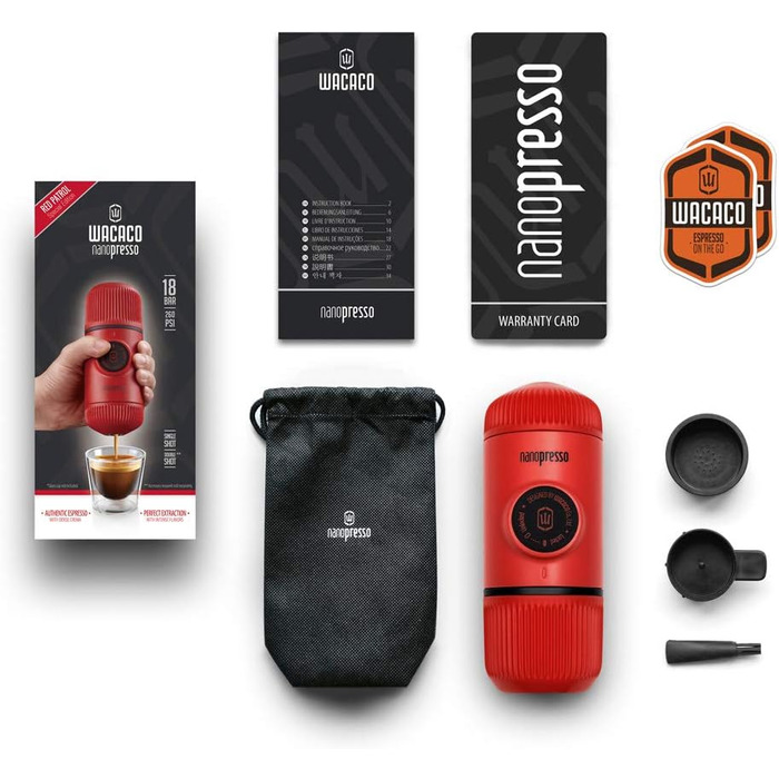WACACO Nanopresso Portable Espresso Machine, Upgrade Version of Minipresso, 18 Bar Pressure, Small Travel Coffee Machine, Without Protective Case, Manual Operation, for Camping and Hiking (Red)