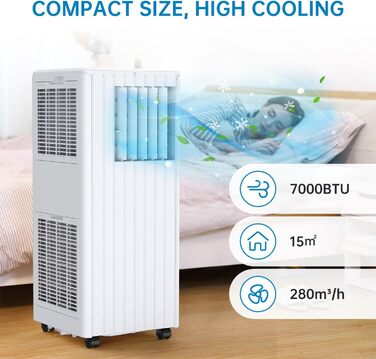 Мобільний кондиціонер 7000BTU/2.0kW: охолодження, вентиляція, осушення, до 68 м³