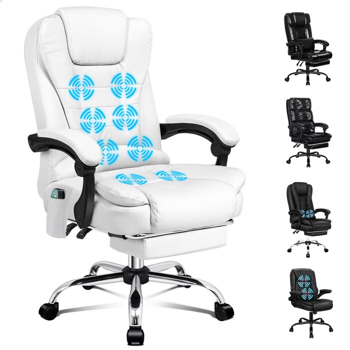 Офісне крісло Alfordson з ергономічною підтримкою попереку, регульоване, з підлокітниками та функцією масажу, PU шкіра, біле