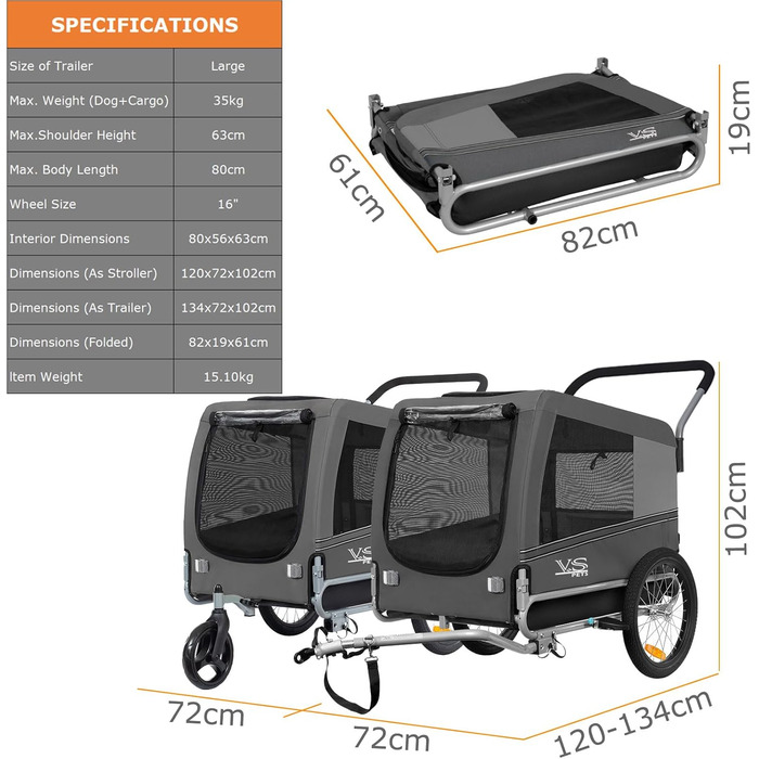 Візок для собак Tiggo VS Pets 2-в-1: візок та велопричіп, сірий, об'єм 270 л, до 35 кг