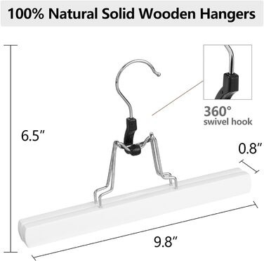 Дерев'яні вішалки для штанів AMKUFO з кліпсами (12 шт.), антиковзні вішалки для спідниць, фіксатори для штанів, надійні вішалки з масивного дерева, поворотний 360° гачок (білий/розкішний сад)