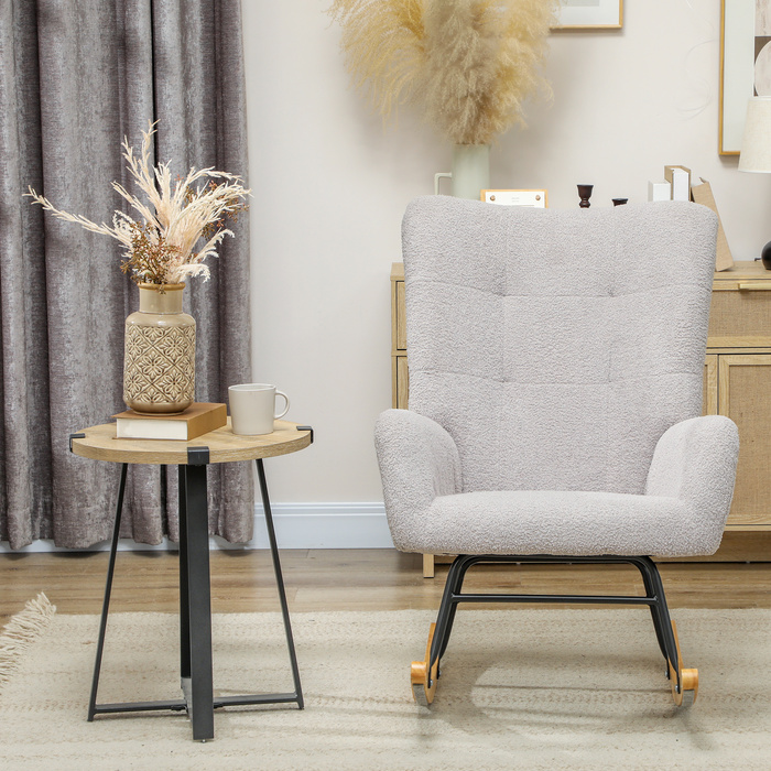 HOMCOM Rocking Chair, Rocking Armchair with Armrests, Teddy Velvet-Look, Relaxing Chair with Wooden Skids, Swivel Chair Silent Chair for Bedroom, Living Room, Light Grey | Aosom