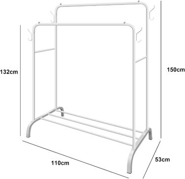 Metal Clothes Rack Clothes Stand Stable, Double Rod Durable with 1 Tier Shelf and 4 Side Hooks, Freestanding Clothes Rack, Multi-Purpose Organizer, Bedroom (Black2)