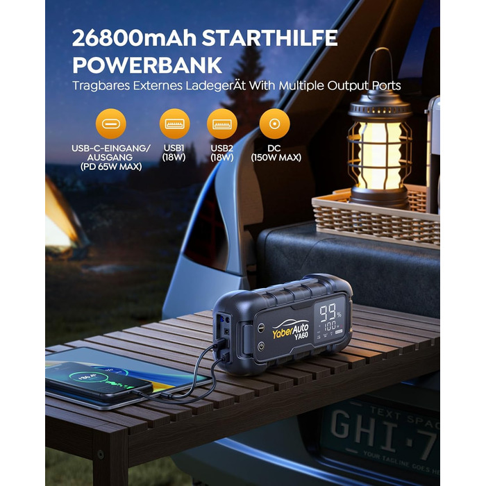 YaberAuto Powerbank для запуску двигуна, 6000A, 65W USB-C PD, 26800mAh, для бензинових та дизельних двигунів (12.0L), з LED-ліхтарем 600 люмен