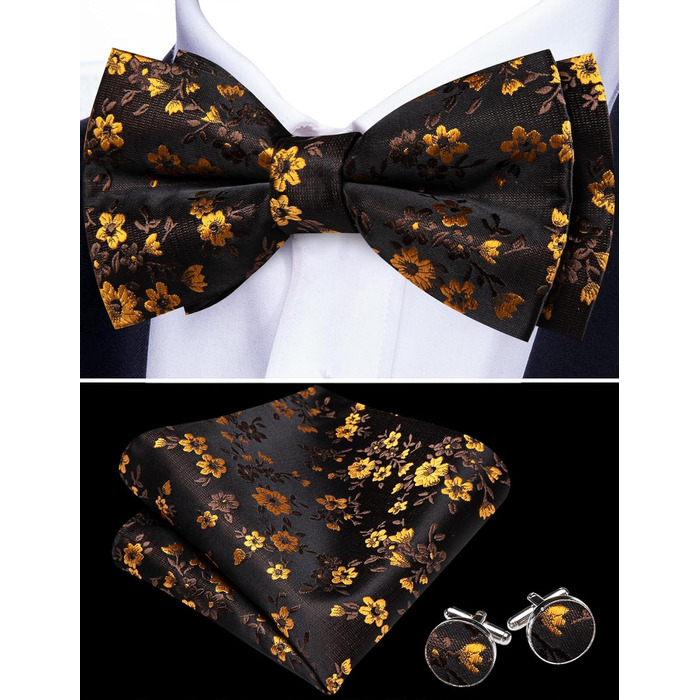 Комплект аксесуарів Barry.Wang для чоловіків: краватка, хустинка, запонки, Paisley, чорно-золотий, для весілля та вечірок