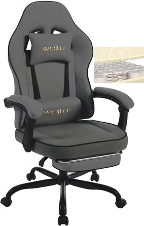 Ігрове крісло WOLTU GS10gr з пружинною подушкою, ергономічне, до 150 кг, з підніжкою, підголівником, поперековою подушкою, сірий текстиль