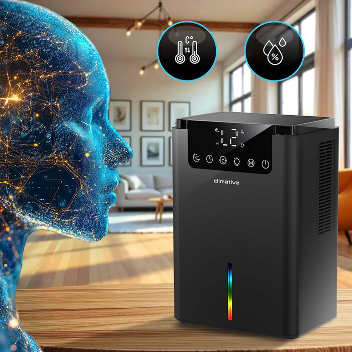 Електричний осушувач повітря Climative ION 12L/24h з Wi-Fi та очищувачем повітря для дому, квартири, ванної кімнати. Захист від вологи та плісняви до 20 м². Чорний Luxe 070