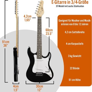 Електрогітара 3/4 розміру 3rd Avenue XF Ultimate Kit з підсилювачем 10W, тюнером, кабелем, стійкою, чохлом, ременем, запасними струнами, медіаторами та каподастром - Чорний, набір для початківців