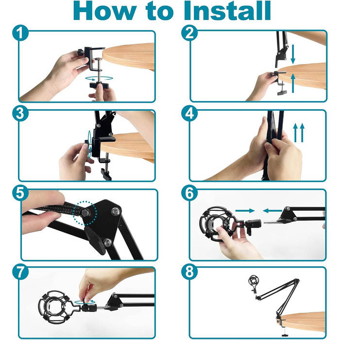 Кріплення для мікрофона на кронштейні, регульоване, чорне, з амортизатором, поп-фільтром, 5 кабельних стяжок. Підходить для запису, подкастів, телевізійних студій