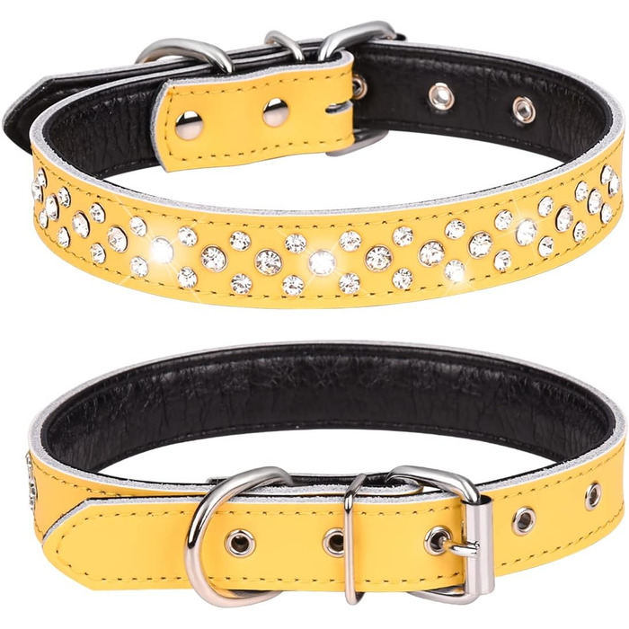 Ошатний нашийник для собак з кристалами, регульований, з натуральної шкіри, фіолетовий (L, жовтий)
