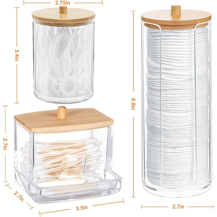 Набір з 3 ватпадносховища, контейнер для ватних паличок – практичне зберігання ватних дисків та паличок у ванній кімнаті. З бамбуковим кришками, економія місця та захист від пилу.